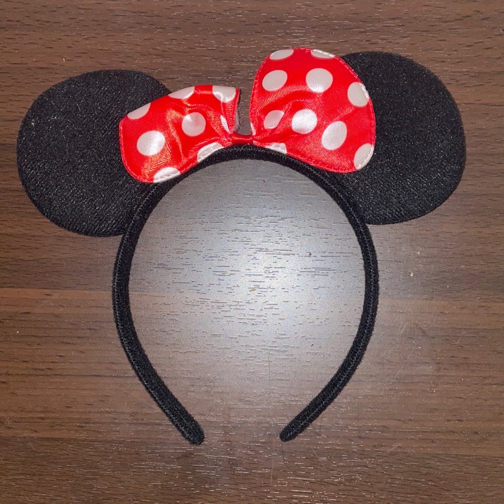 Black Minnie-Style Ears Headband with Red Polka Dot Bow